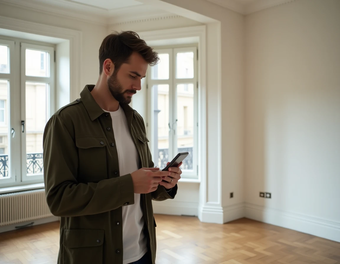 Homme inspectant un appartement vide lors d'une visite locative