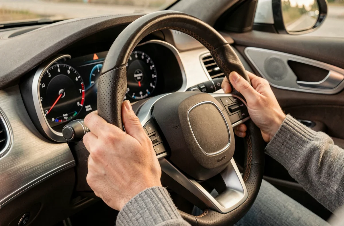 Intérieur de tableau de bord luxueux avec écran numérique et volant en cuir perforé d'une voiture haut de gamme
