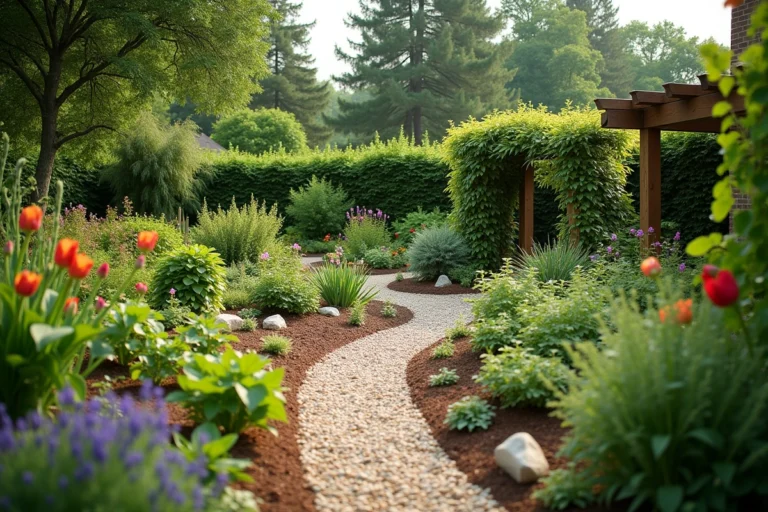Vue d'ensemble d'un jardin écologique harmonieux avec chemins en gravier, plantes indigènes, pergola en bois et point d'eau naturel