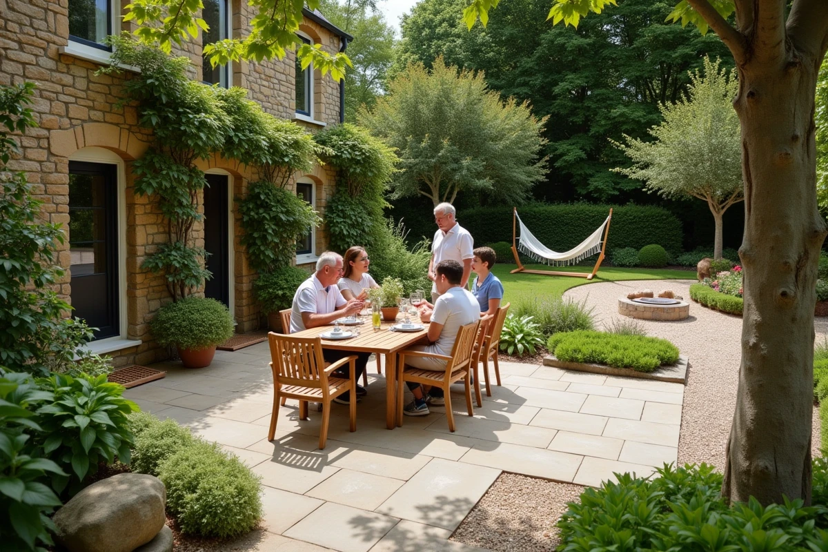 Jardin conçu comme espace de vie complet avec terrasse en pierre, table à manger, potager, hamac entre deux arbres et coin feu, animé par une famille détendue