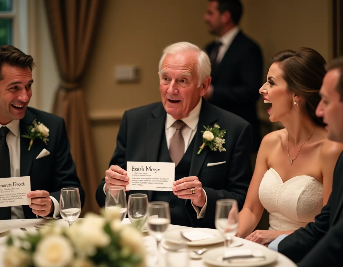 Invité de mariage lisant à voix haute une définition inventée et humoristique sur une carte imprimée pendant que ses voisins de table réagissent avec amusement