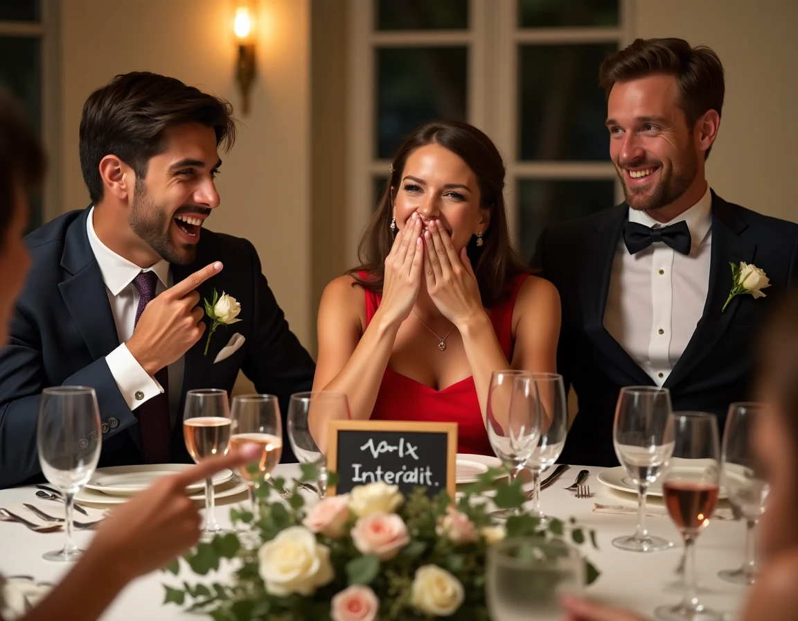 Invités d'un dîner de mariage réagissant avec des expressions amusées autour d'une table affichant un panneau ardoise indiquant le mot interdit de la soirée