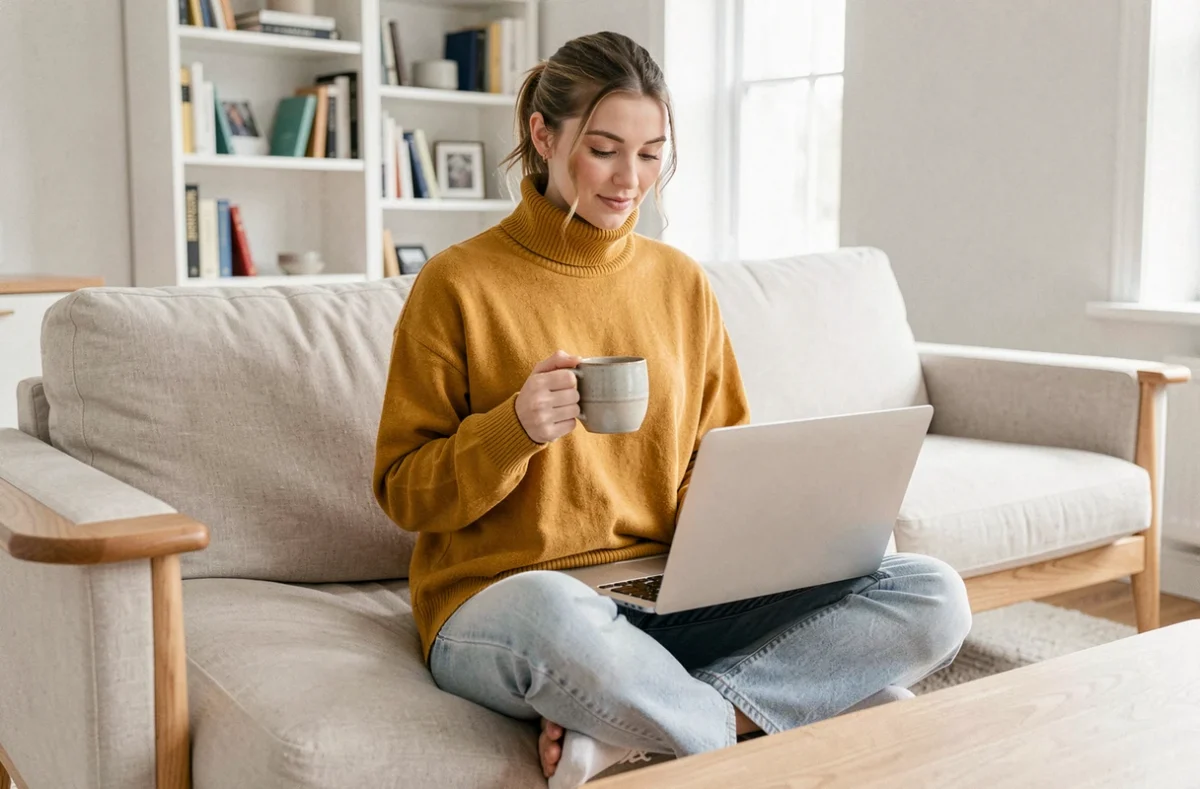 Jeune femme gérant son activité e-commerce depuis chez elle avec un laptop posé sur ses genoux dans un salon scandinave épuré