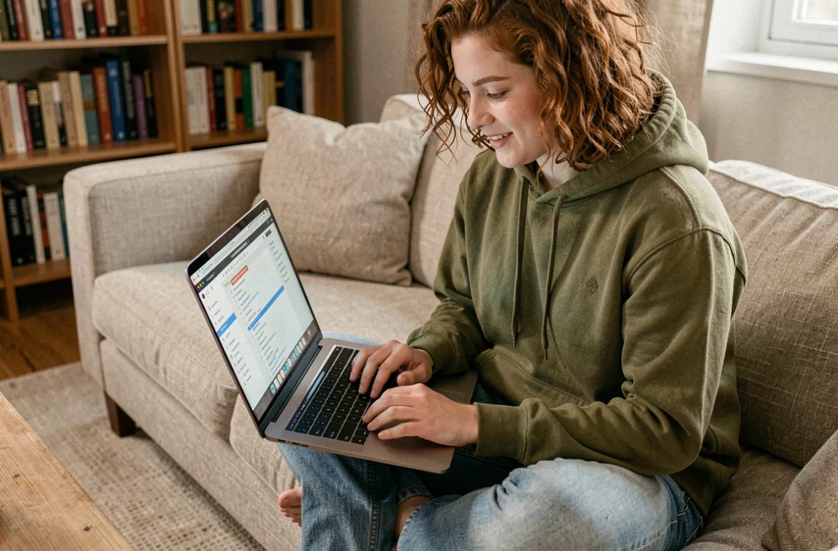 Jeune personne naviguant sur un plan de site web depuis un canapé avec un ordinateur portable, exploration facile de l'arborescence du site