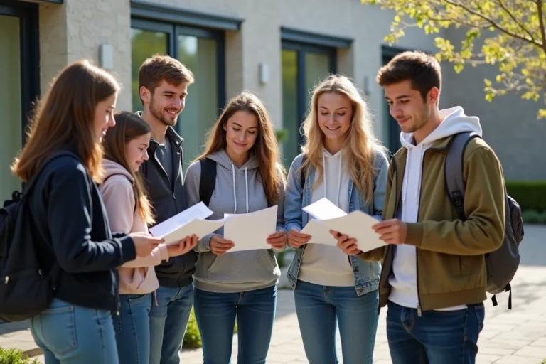 Groupe de lycéens bretons discutant devant leur école
