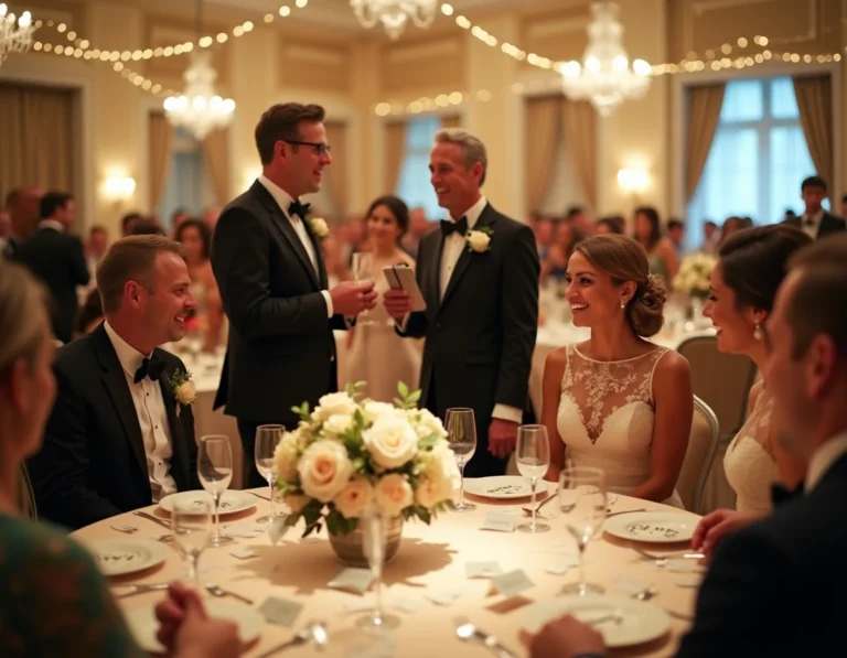 Salle de réception de mariage animée avec des invités souriants autour de tables décorées, des cartes de jeux de mots posées sur les nappes et une ambiance festive et élégante