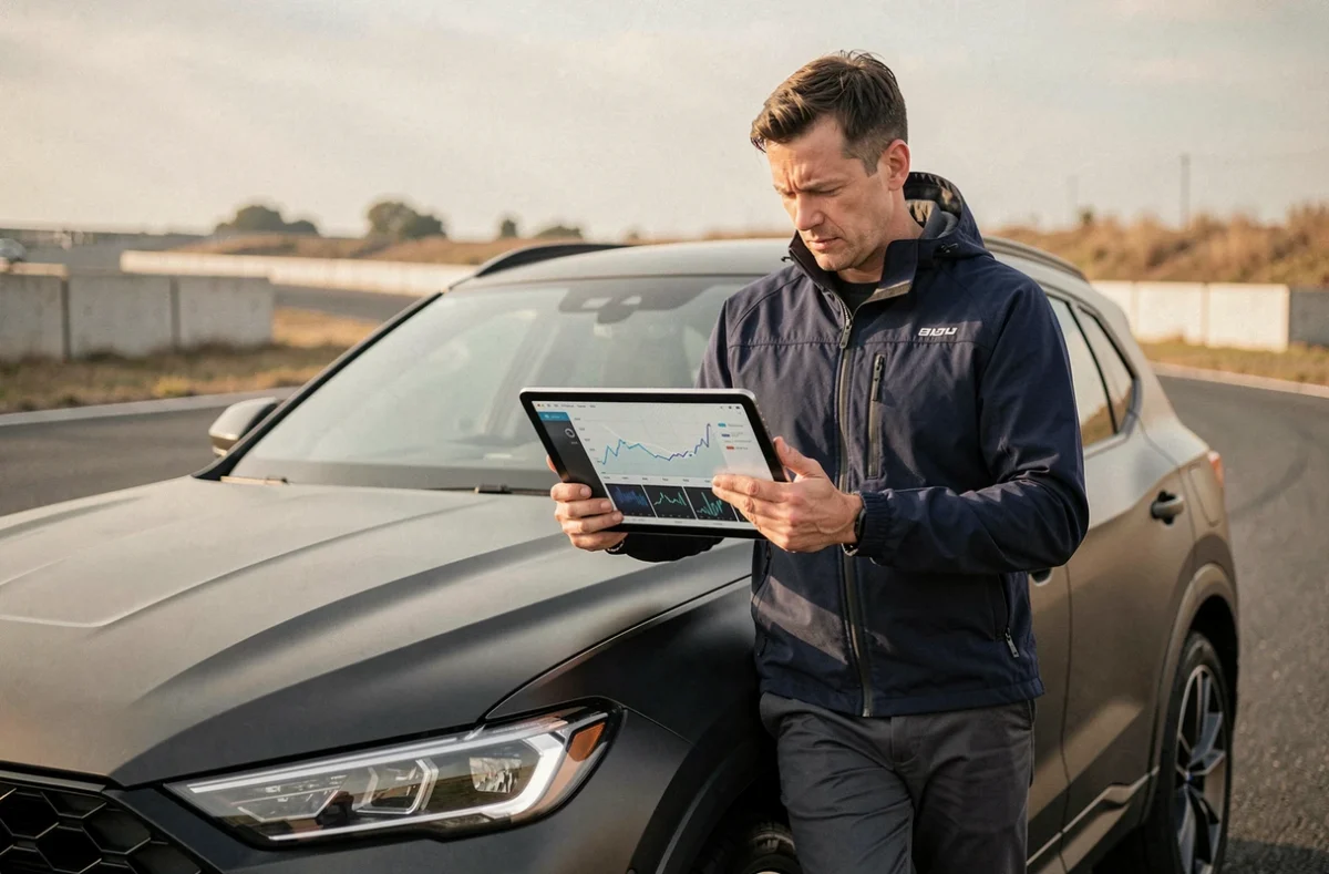 Journaliste automobile masculin analysant les données d'un SUV de performance sur circuit d'essai