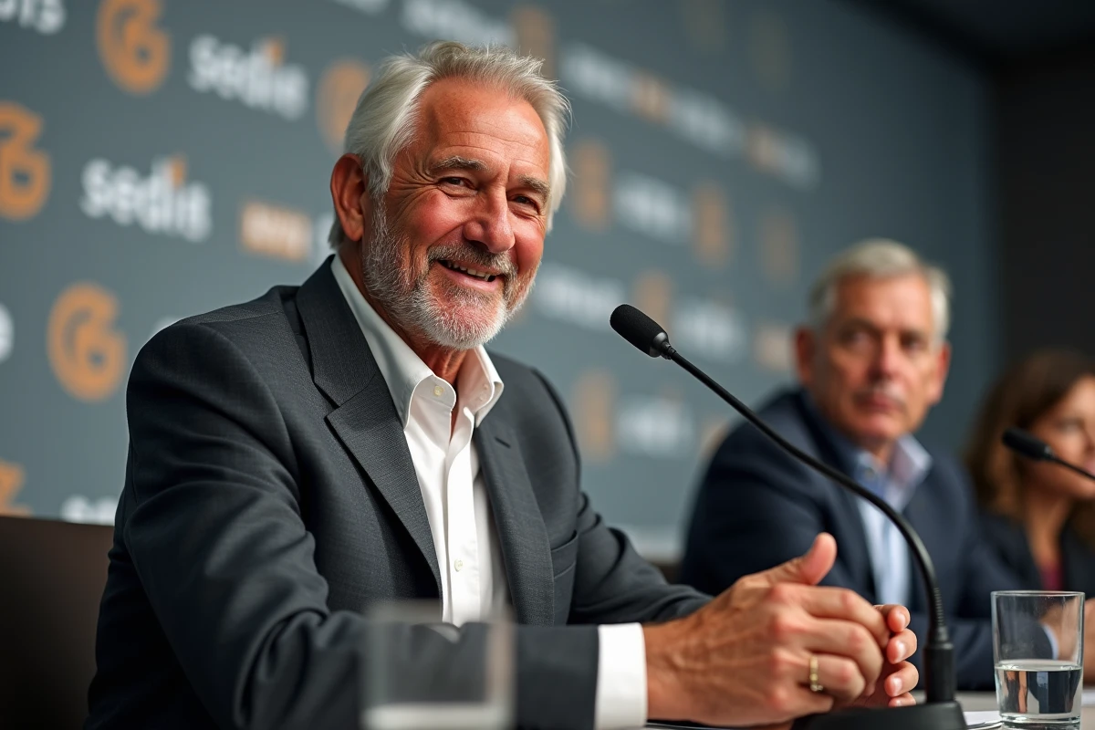 Portrait d'une légende du sport en conférence de presse, figure inspirante partageant son parcours et son expérience avec un sourire chaleureux