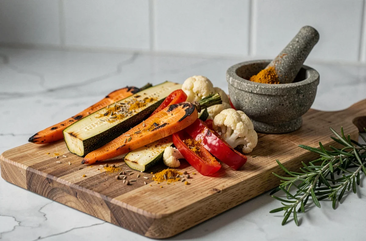 Légumes rôtis et colorés assaisonnés d'épices variées sur une planche en bois avec mortier et pilon en cuisine moderne