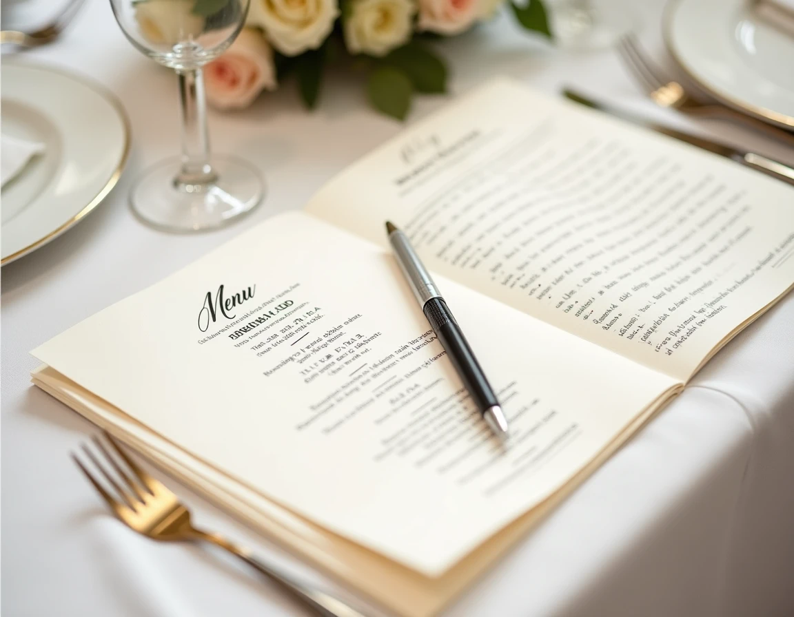 Livret de menu de mariage ouvert révélant une grille de mots fléchés imprimée avec des définitions liées au couple et à la soirée, posé sur une table nappée