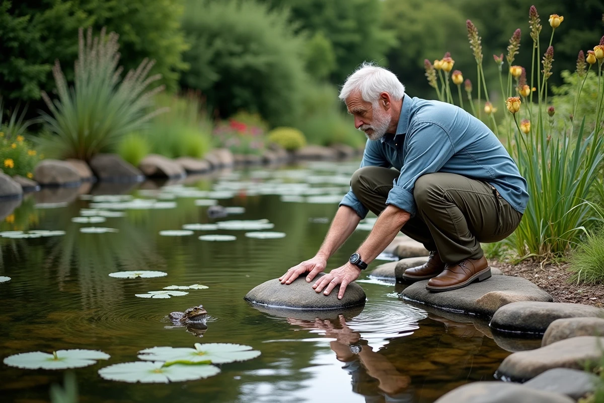 Mare naturelle de jardin bordée de pierres de rivière, avec iris d'eau, joncs et nénuphars, et un homme qui observe une grenouille sur la berge en pente douce