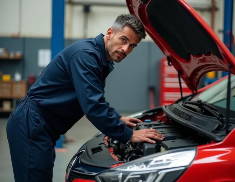 Mécanicien inspectant le moteur d'une Renault Clio 4 dans un garage professionnel pour détecter des signes de casse moteur