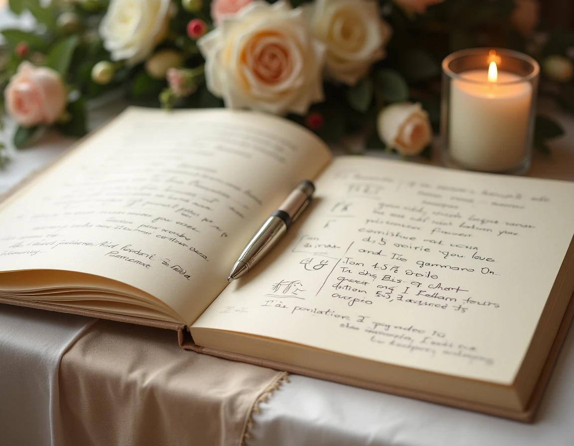 Livre d'or de mariage ouvert présentant des messages codés mêlant symboles, chiffres et grilles de chiffrement inscrits à la main entre des notes personnelles
