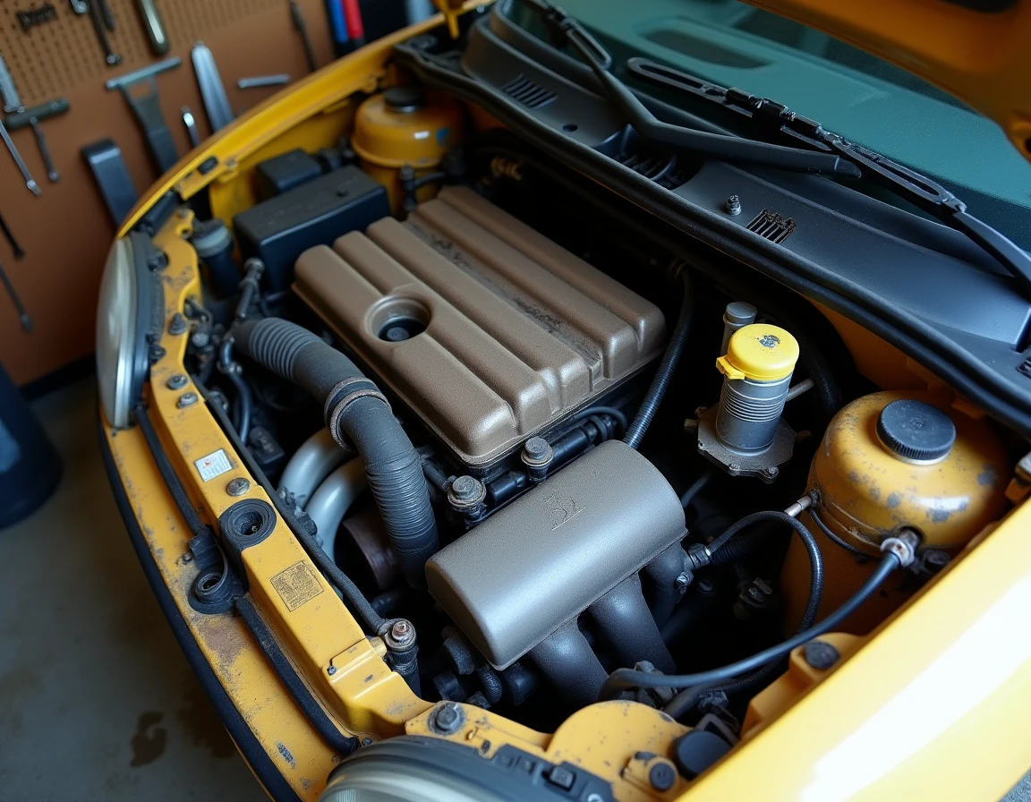 Gros plan sur le compartiment moteur d'une Clio 4 montrant des signes d'usure et des dépôts d'huile pouvant indiquer un risque de casse