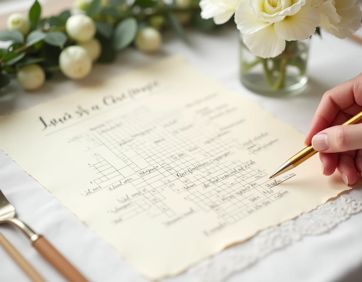 Grille de mots croisés personnalisée sur carton crème posée sur une table de mariage avec un stylo doré et des fleurs blanches, clues relatifs au couple