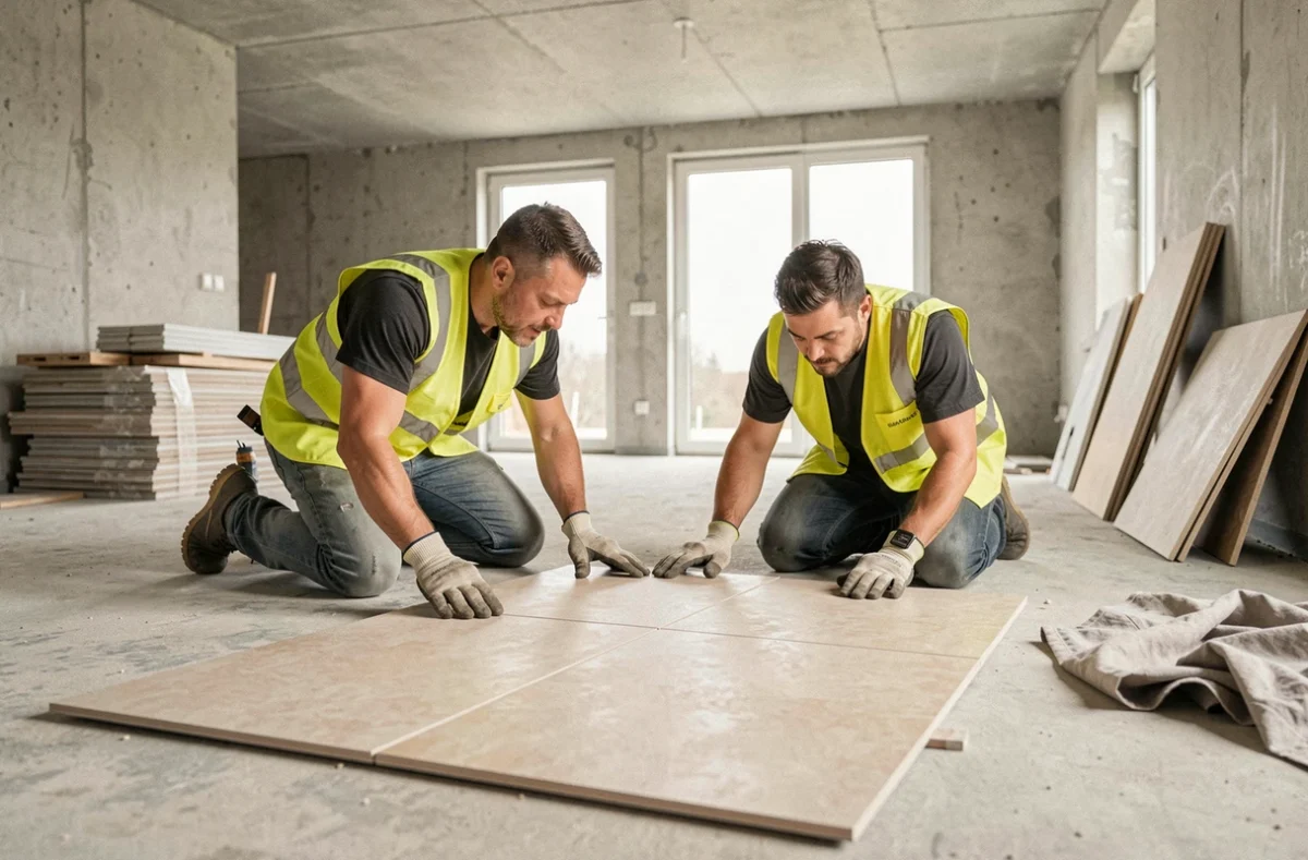Deux ouvriers posant du carrelage grand format dans un salon en cours de rénovation