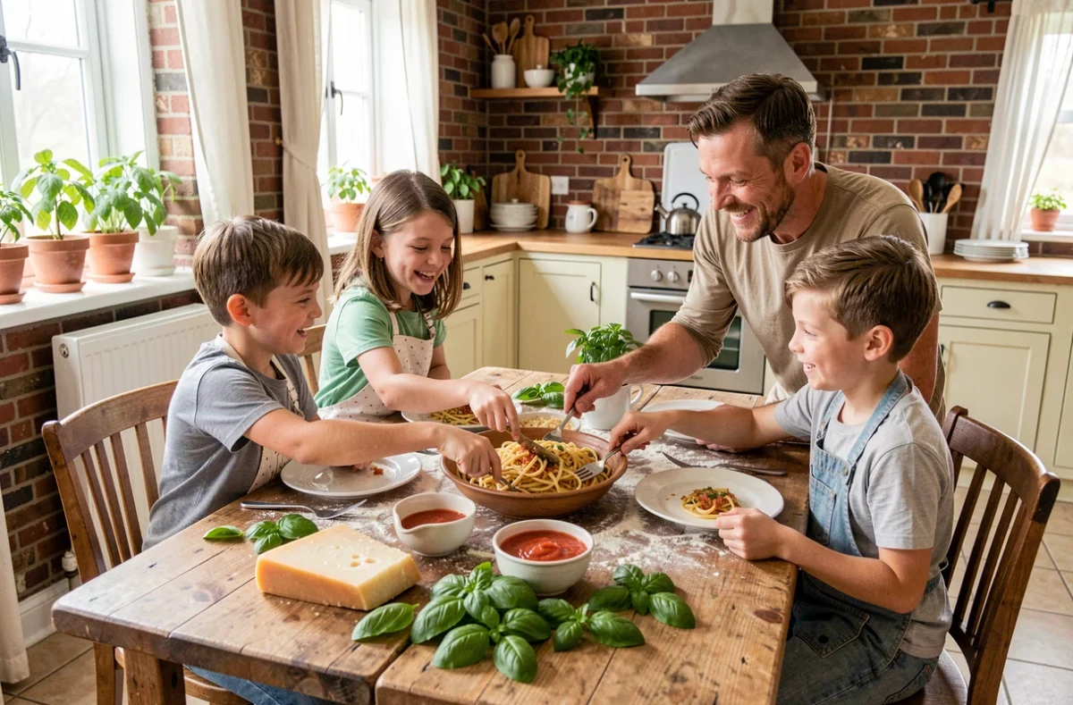 Père et enfants préparant ensemble des pâtes fraîches maison autour d'une grande table familiale