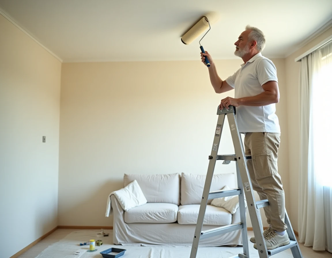 Homme appliquant de la peinture blanche au rouleau sur un plafond lors d'une rénovation de chambre