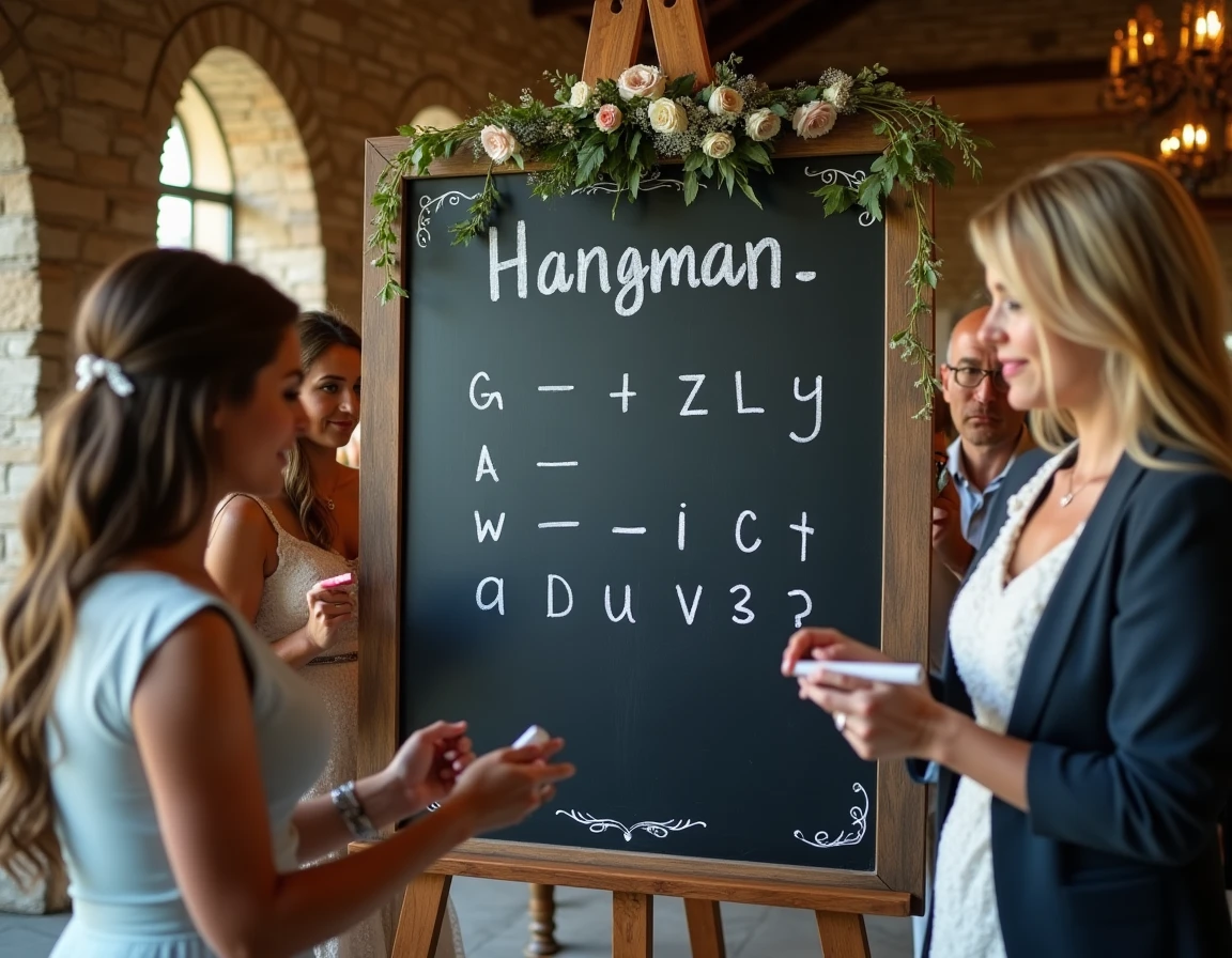 Grand tableau noir affichant un jeu du pendu géant à la craie blanche entouré d'invités de mariage en tenue formelle qui débattent de la prochaine lettre