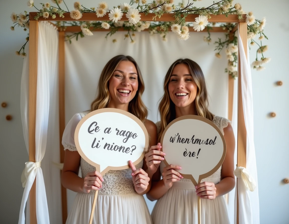 Deux invités de mariage posant dans un photobooth fleuri en tenant des bulles de dialogue en carton avec des jeux de mots humoristiques écrits dessus