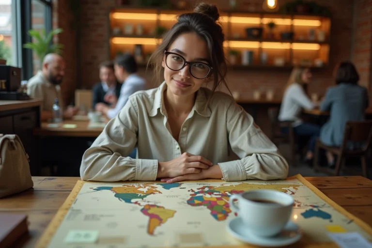 Femme planifiant un voyage sur mesure autour du monde avec une carte et un carnet de voyage dans un café