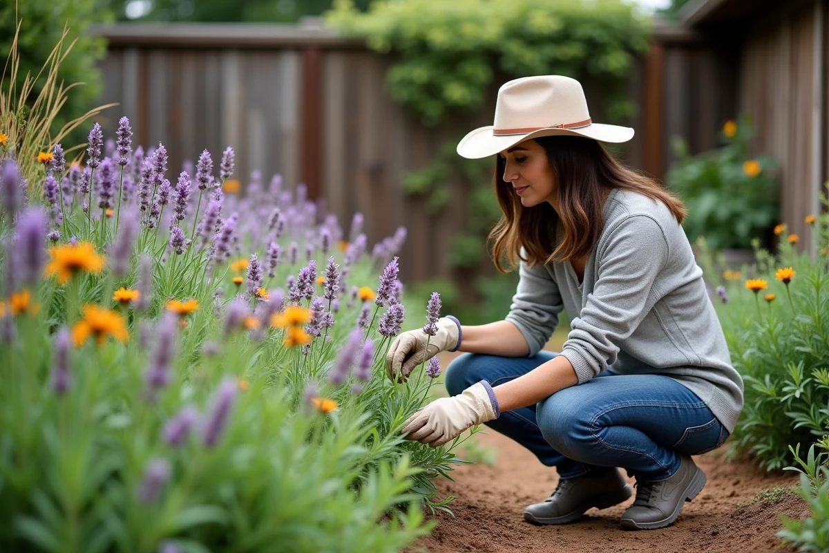 Massif de plantes indigènes adaptées au climat local, incluant lavande, échinacées et graminées sauvages, avec une jardinière qui observe la végétation
