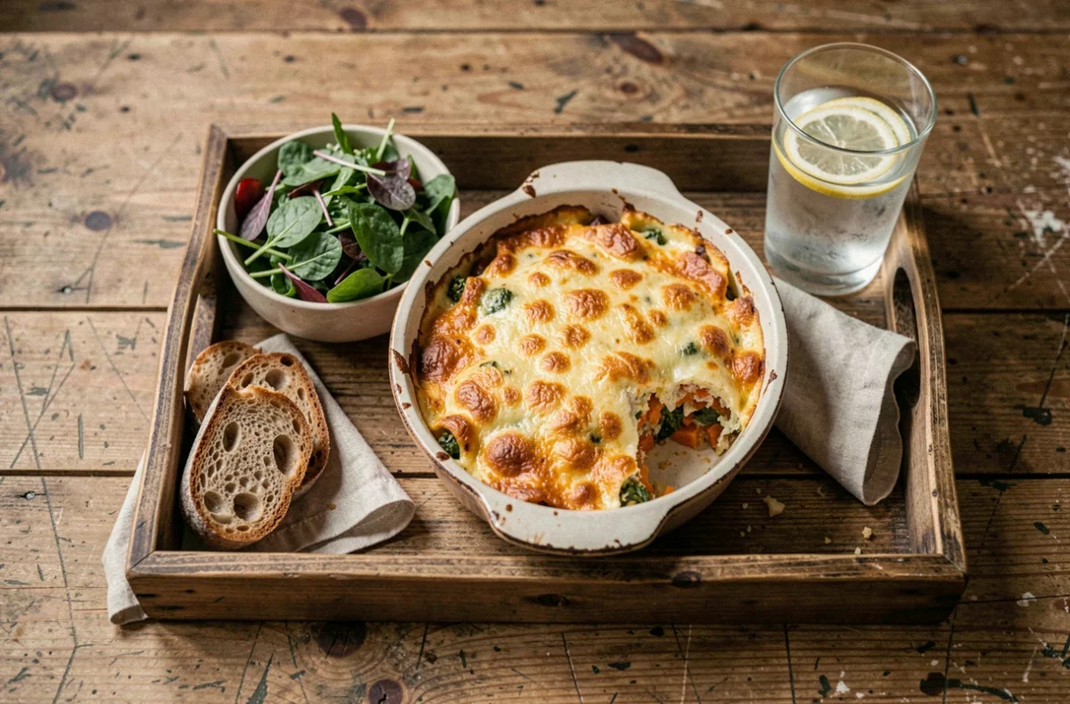 Plateau repas maison avec gratin de légumes, salade fraîche et pain artisanal sur table en bois