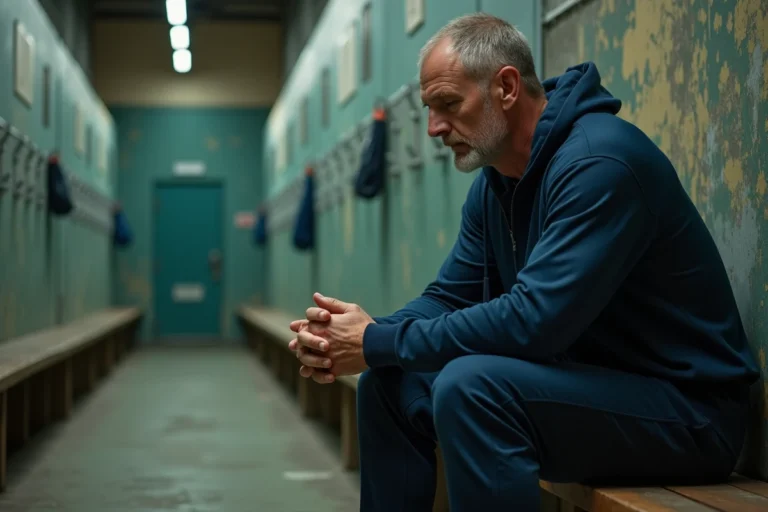 Portrait intimiste d'un athlète masculin concentré dans un couloir de vestiaire avant une compétition, illustrant le parcours et la détermination des grands sportifs