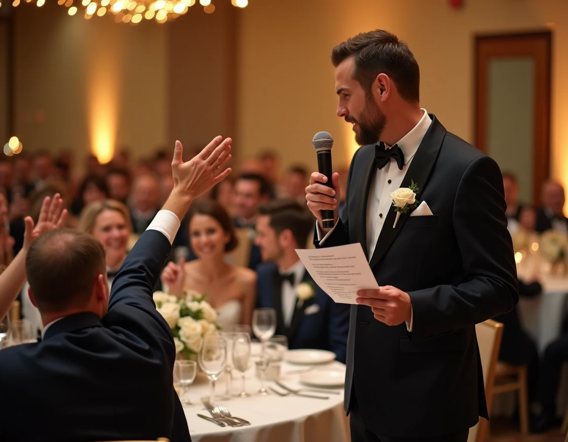 Animateur de mariage tenant un micro et une carte de quiz pendant que les invités lèvent la main pour répondre aux questions vrai ou faux sur les mariés