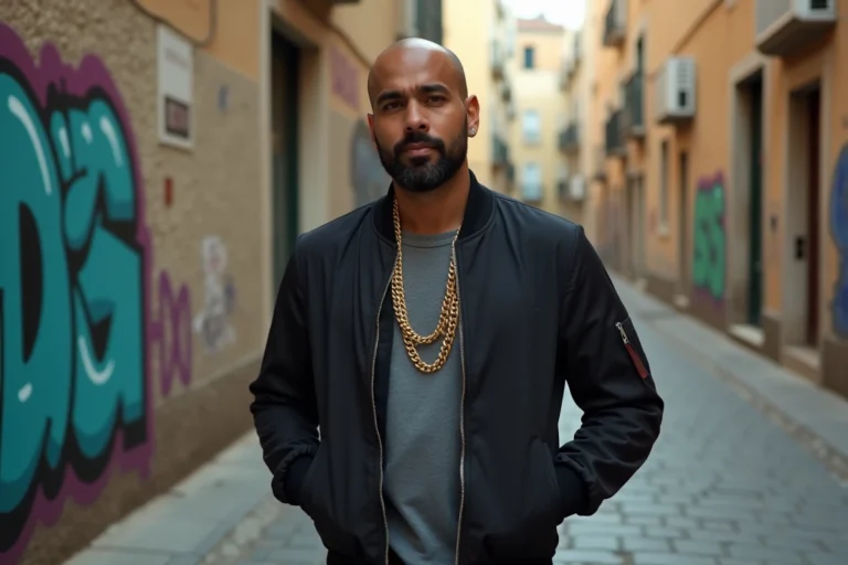 Portrait d'un rappeur marseillais d'origine algérienne en veste bomber dans une rue urbaine de Marseille