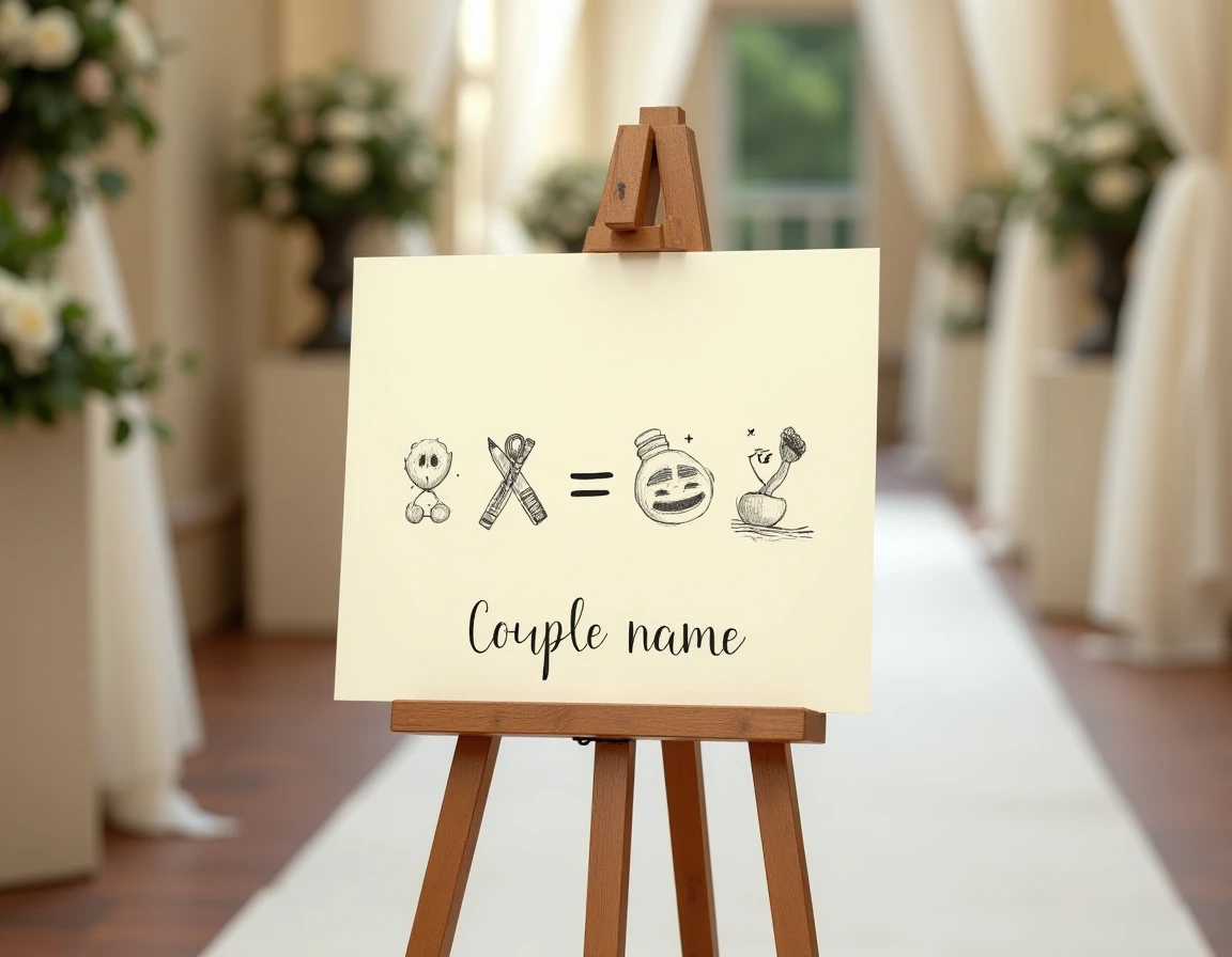 Chevalet de mariage élégant présentant un rébus illustré avec des icônes dessinées à la main formant le nom du couple marié