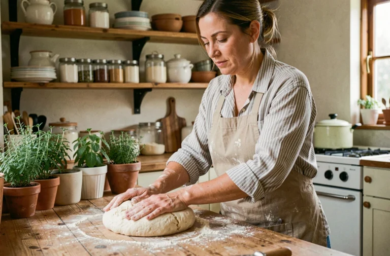 Femme préparant de la pâte à pain maison dans une cuisine familiale chaleureuse