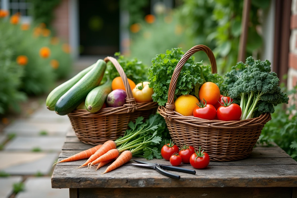 Paniers de récolte débordant de légumes bio frais sur une table en bois au jardin