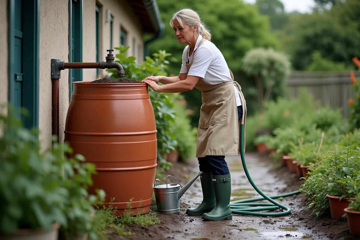 Système de récupération d'eau de pluie avec un grand récupérateur en terre cuite relié à une gouttière, entouré d'un potager et d'herbes aromatiques