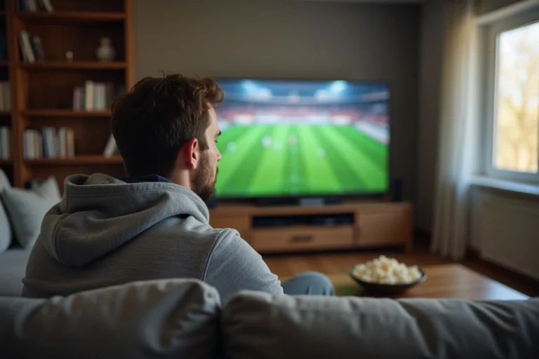 Homme regardant un événement sportif en direct sur sa télévision depuis son salon