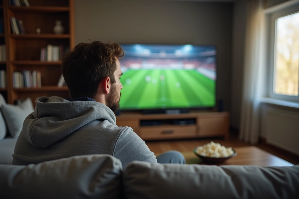 Homme regardant un événement sportif en direct sur sa télévision depuis son salon