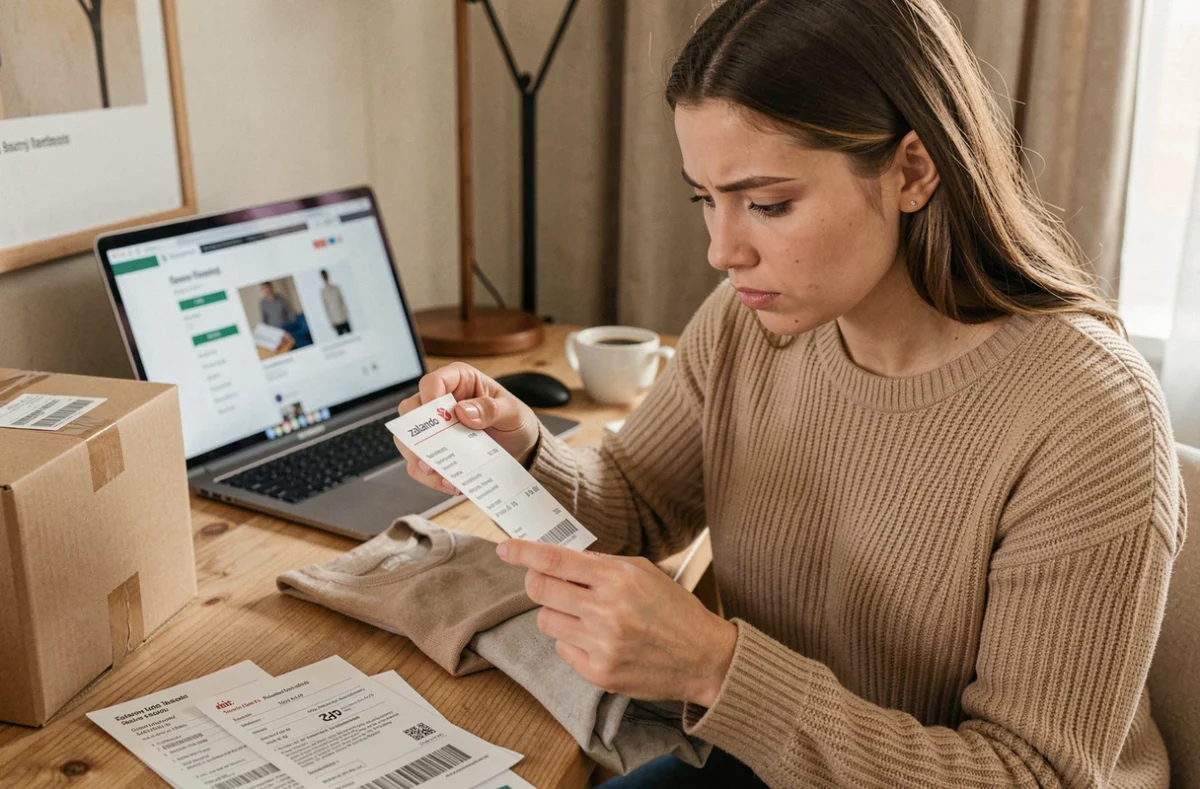 Jeune femme examinant une étiquette de retour Zalando assise à son bureau avec un vêtement plié et un ordinateur portable ouvert