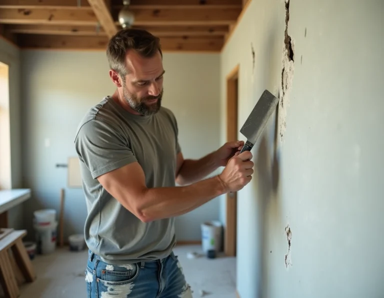 Homme appliquant de l'enduit de rebouchage sur un mur fissuré lors de travaux de rénovation intérieure
