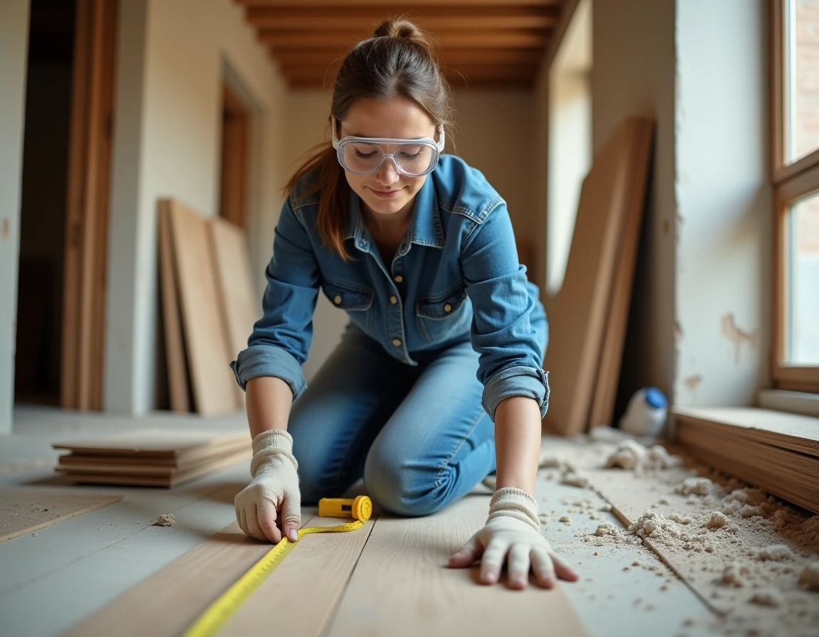Femme mesurant des planches en bois sur un chantier de rénovation de sol à domicile