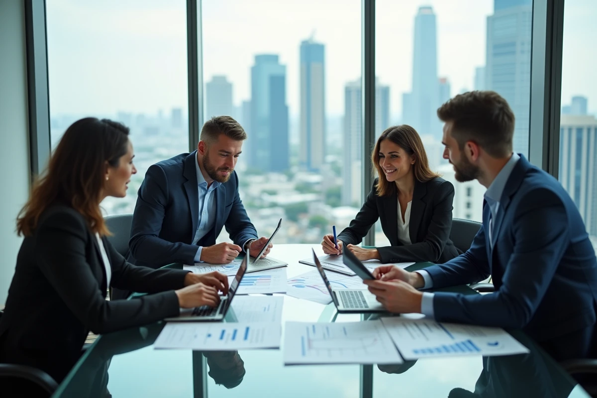 Groupe de professionnels en réunion stratégie dans un bureau lumineux
