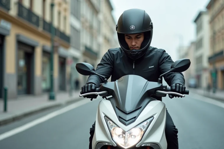 Jeune pilote sur un Yamaha XMAX 125 blanc en phase de rodage sur boulevard urbain, regardant le tableau de bord