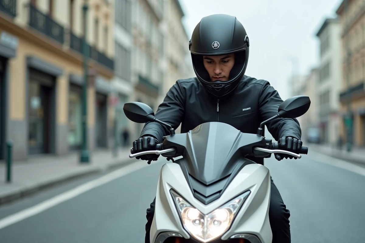 Jeune pilote sur un Yamaha XMAX 125 blanc en phase de rodage sur boulevard urbain, regardant le tableau de bord