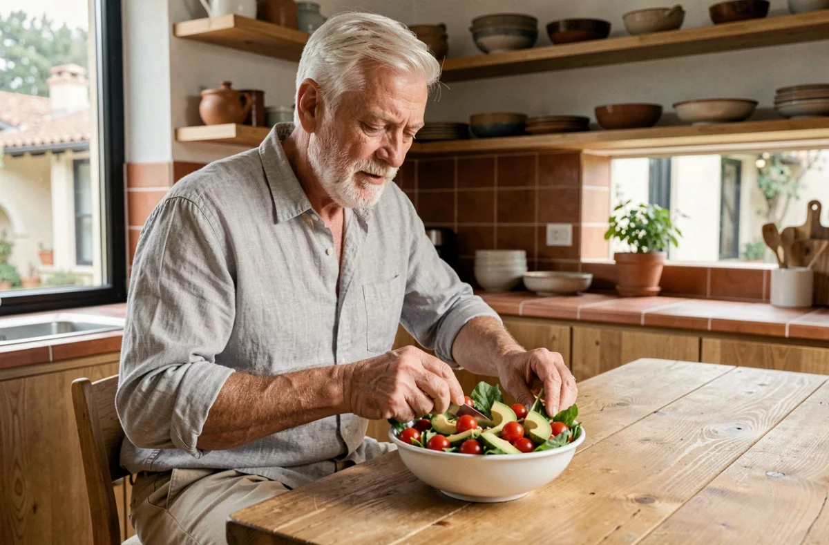 Senior homme préparant une salade équilibrée et colorée dans une cuisine moderne pour une alimentation saine au quotidien