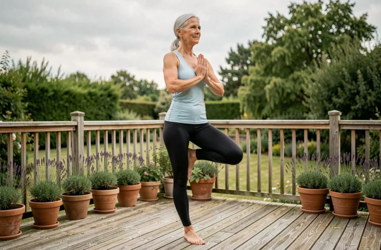Femme senior pratiquant une pose de yoga sur une terrasse en bois entourée de verdure pour maintenir sa forme physique au quotidien