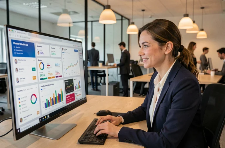 Professionnelle en marketing digital analysant des tableaux de bord de performance sur un grand écran dans un bureau moderne en open space