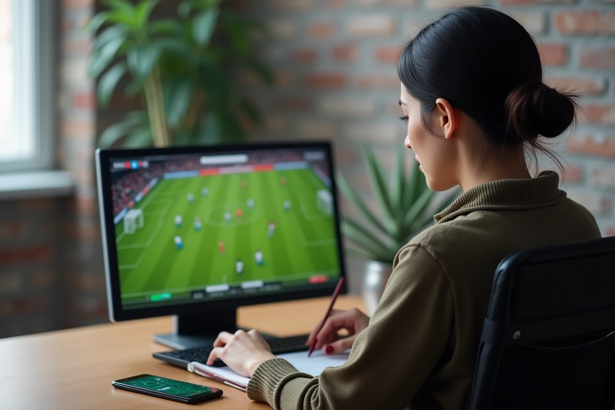 Femme utilisant un ordinateur portable pour suivre un match de football en streaming depuis un bureau