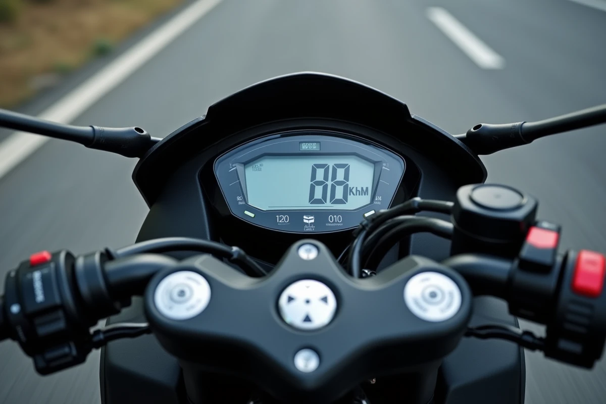 Tableau de bord numérique du Yamaha XMAX 125 affichant la vitesse pendant le rodage