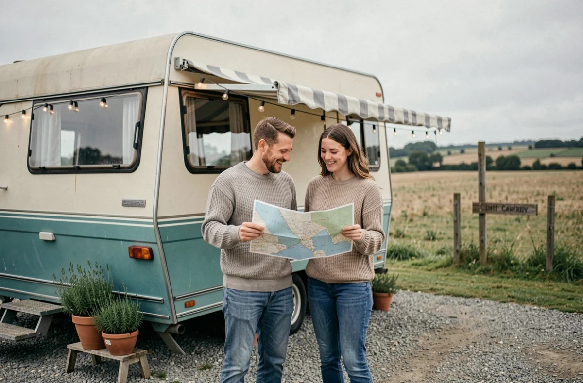 Couple de voyageurs consultant une carte devant un van aménagé vintage dans un camping rural atypique en pleine campagne
