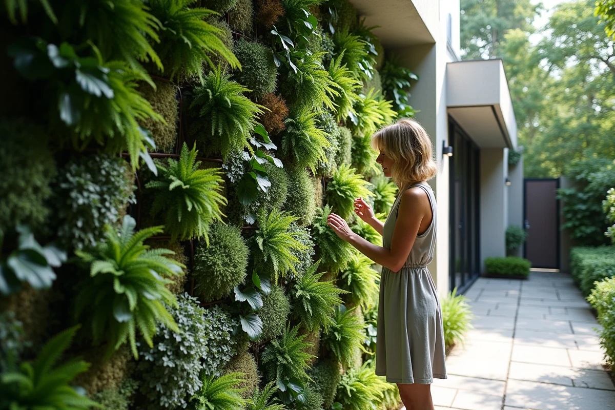 Mur végétalisé vertical recouvert de fougères, sédums et mousses en poches feutrées modulaires, créant un îlot de fraîcheur dans un jardin résidentiel