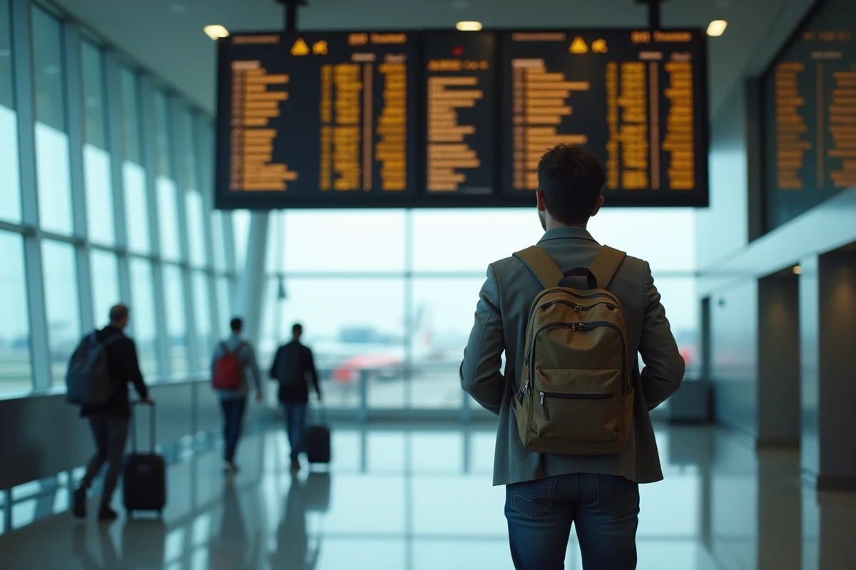 Voyageur indépendant dans un aéroport international consultant le tableau des départs pour un tour du monde